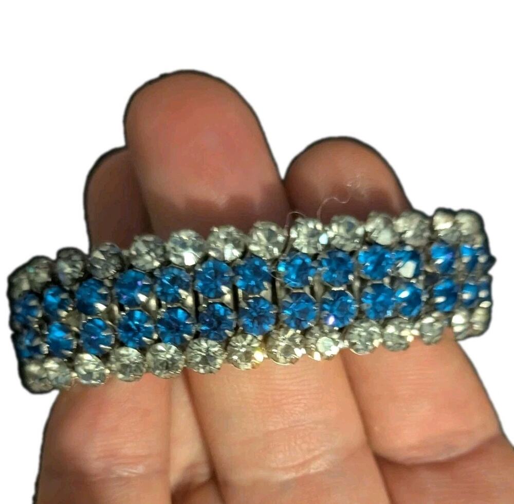 Vintage AIRFLEX Blue Clear Rhinestone Expansion Bracelet Mid Century Jewelry